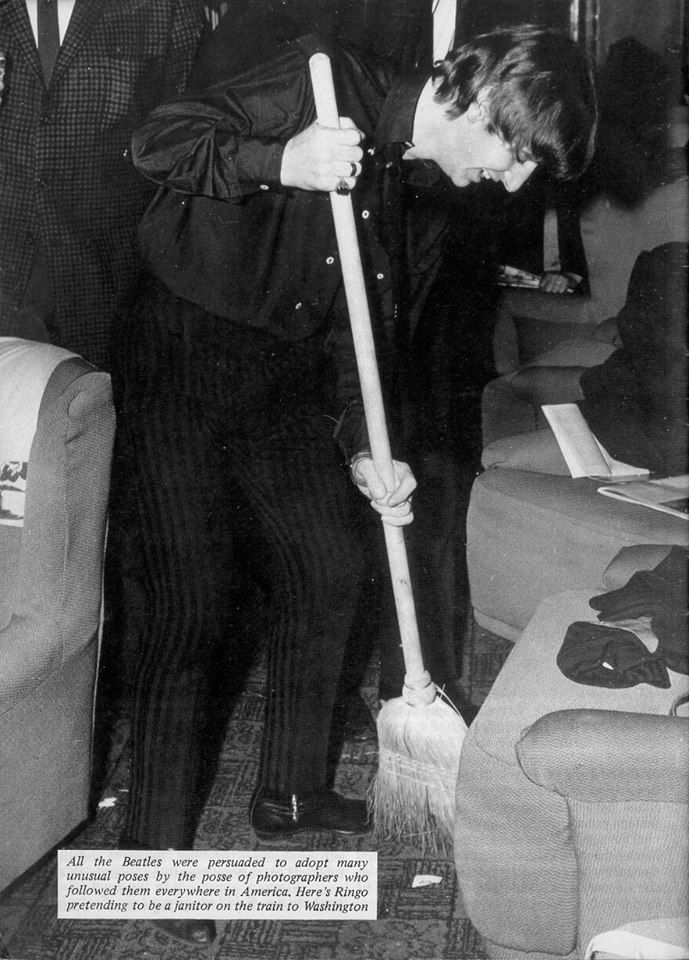 Ringo sweeping on the train to Washington, February 1964